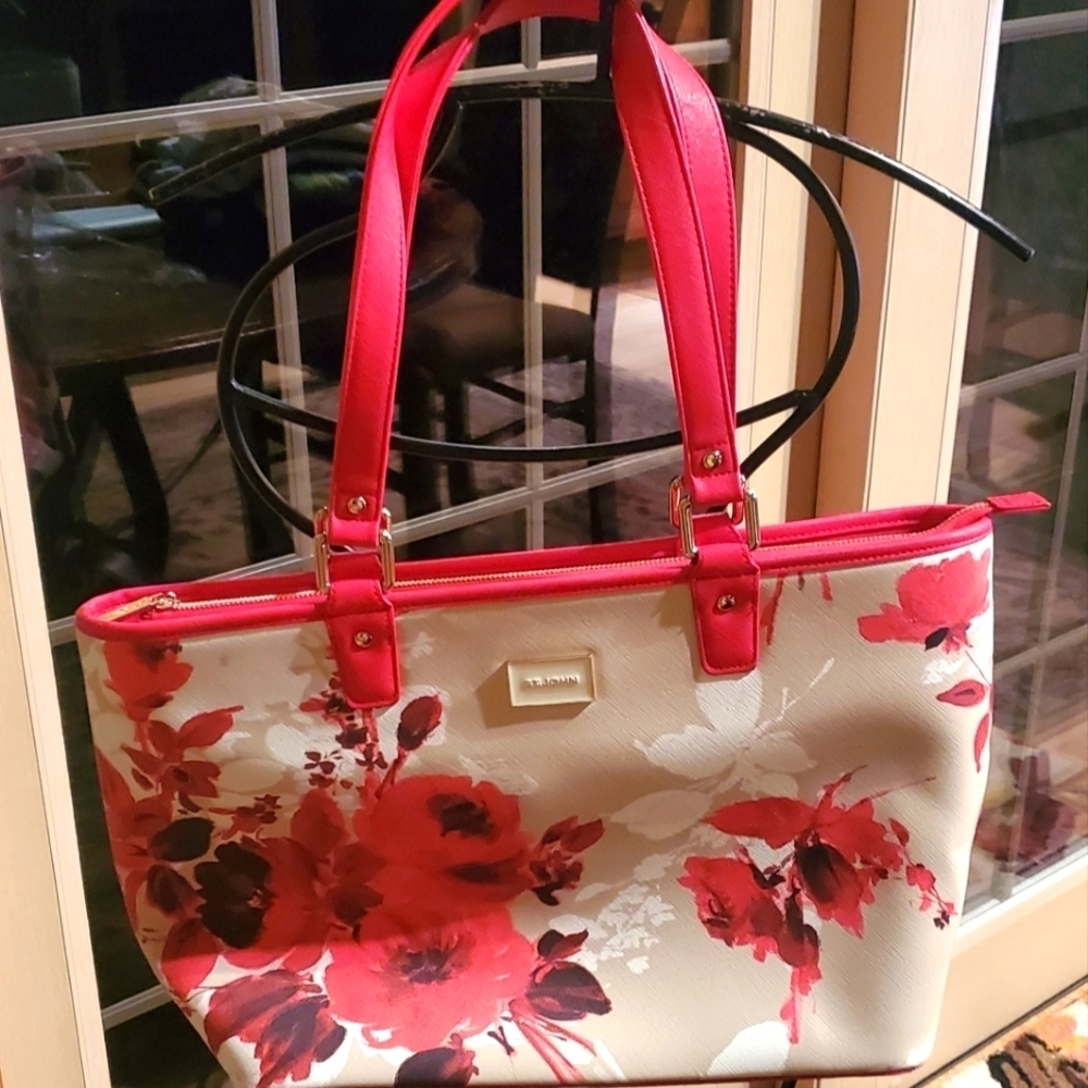 St. John Red & White Floral Beige Large Tote Bag